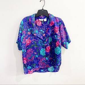 VTG 90s Floral Satin Pajama Top Size S Silky Boxy Button Blouse Boho